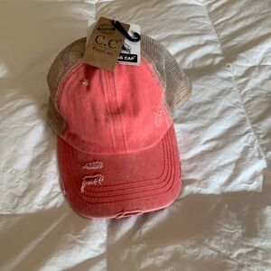 Ladies CC pony tail cap with cross cross elastic coral/tan